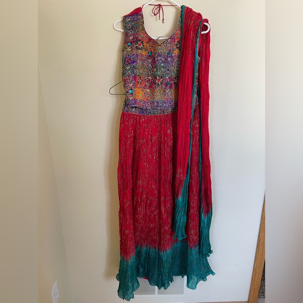 Red and Teal Lehenga - Three Pieces (Blouse, Lehenga Skirt, and Dupatta)